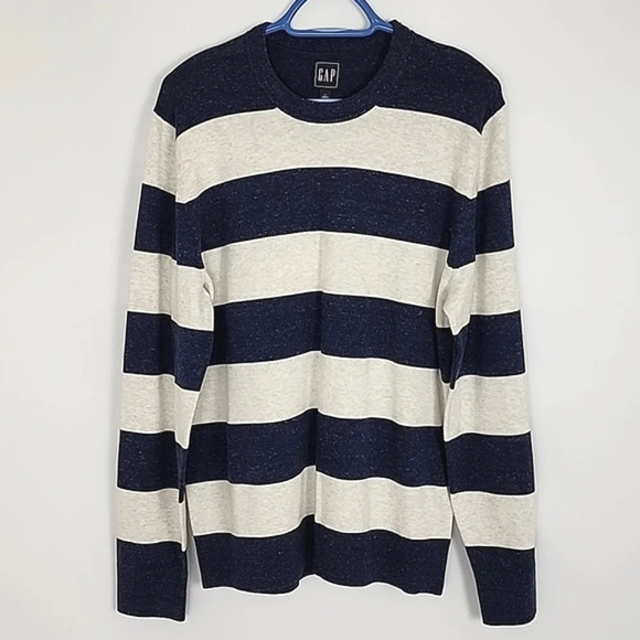 Gap Mainstay  Crewneck Long Sleeves Top Speckled Navy Off White Bands Sz Large - Picture 1 of 10